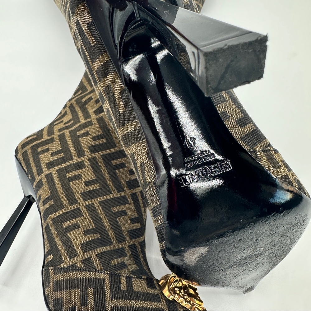Fendi Brown Monogram Over-the-Knee Pointed Boots with Gold Medusa Medallion - Picture 6 of 7